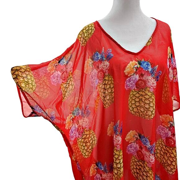 Show Me Your Mumu Kimono Pineapple Print Red Sheer Cover Up *FLAW - Picture 4 of 6